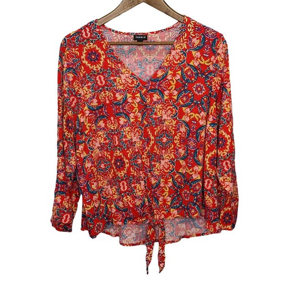 torrid Tops - Torrid Red With Purple Navy Blush And Yellow Floral Kaleidoscope Top Size 0x